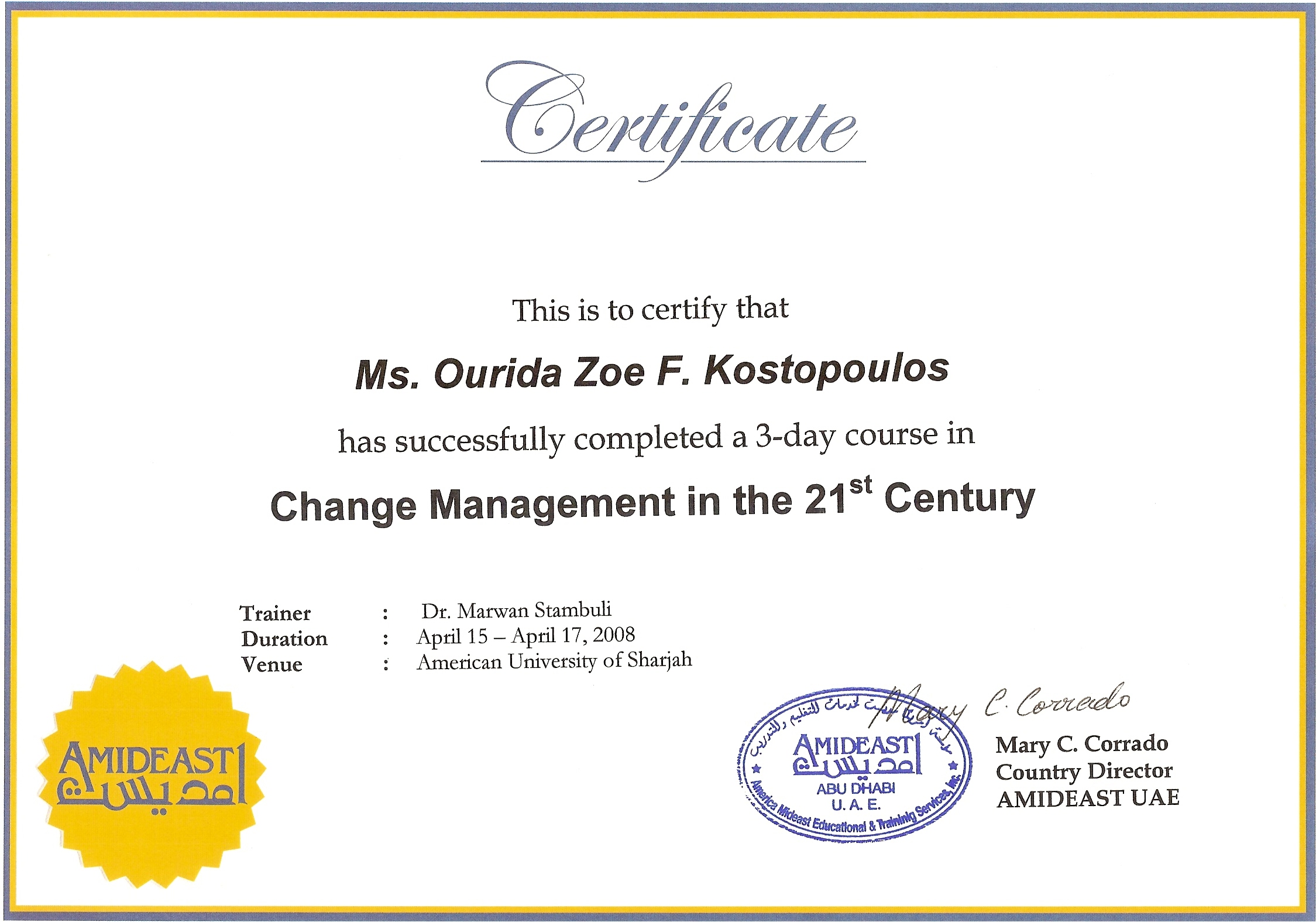 Certificates Ourida Zoe Farah Kostopoulos